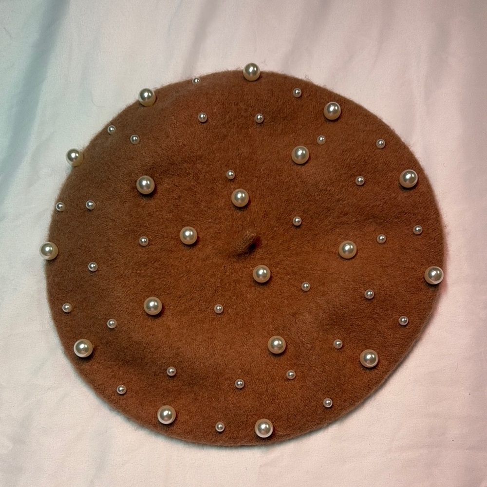Camel Brown Beret with Pearl Accents